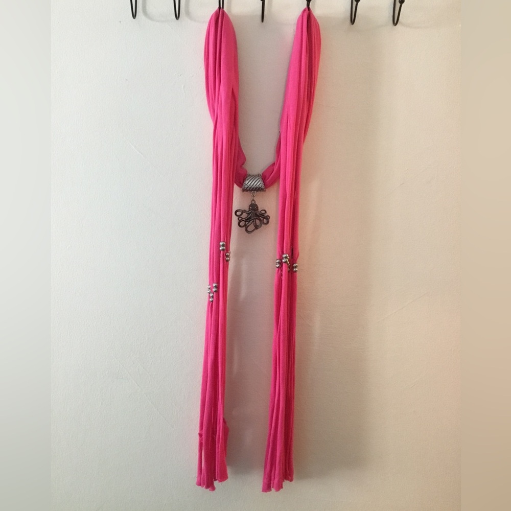 Pink Multi-Strand Scarf Necklace with Silver Accents